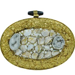 Gold Oval Metal <b>Clutch</b> with Natural Shell Stone Inlay Pearl Detailing and Sculpted Frame Designer Evening <b>Bag</b> handmade <b>clutch</b> - Product Image 1