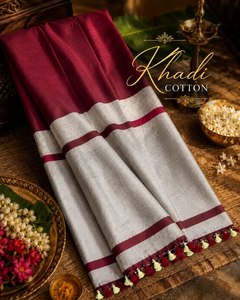 Sari de Algodón Khadi Puro con Contraste, Tejido Tradicional a Mano, Prenda Étnica Elegante, Cómoda para el Día a Día, Moda en Algodón Khadi - Product Image 4