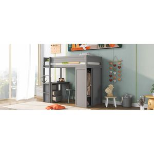 Letto a soppalco grigio singolo con armadi e scrivania a 2 cassetti con mobiletto, letto in legno per bambini con funzioni di archiviazione - Product Image 5