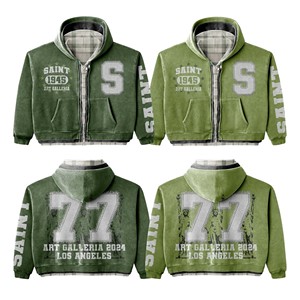 Sudadera con capucha verde con cremallera para hombre, de forro polar, informal, con estampado frontal y diseño de bolsillo - Product Image 3