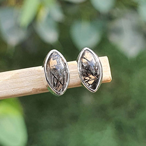 Handmade Fine <b>Sterling</b> <b>Silver</b> <b>Stud</b> Earrings Unique Marquise Black Rutile Quartz Jewelry Gold Plated Perfect Mom Gift - Product Image 6