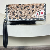 Nouvelles pochettes pour femmes en cuir de vache véritable, faites à la main, style western, avec motifs floraux et de cartes à jouer en relief, ODM OEM