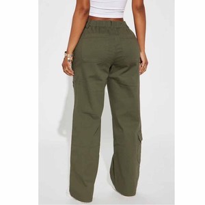 Women's <b>High</b> <b>Waist</b> <b>Cargo</b> Pants Solid Color Loose Fit Full Length With Pockets Casual Style Autumn Wear Canvas Material - Product Image 4