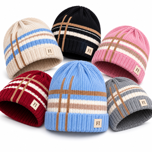 Wholesale Stretch Acrylic Knit Beanies Custom Contrast Stripe Pattern Folded Cuff Logo Patch Winter Cap Unisex <b>Warm</b> Fashion <b>Hats</b> - Product Image 6