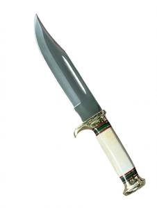 Cuchillo de camping de hoja satinada con punta de clip de primera calidad, herramienta utilitaria de alta resistencia con mango de hueso con ranura Fuller y guardacuchillo de latón. - Product Image 3