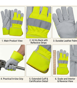 Guantes de Seguridad de Cuero Vacuno de Alta Visibilidad con Forro de Tela de Algodón Fluorescente y Cinta Reflectante - Product Image 4
