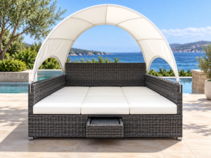 Chaise longue moderne en rotin PE avec coussin en mousse à mémoire de forme et auvent résistant aux UV, mobilier de patio extérieur - Product Image 3