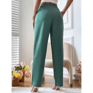 2025 femmes taille haute plissé robe pantalon respirant taille moyenne jambe droite bureau décontracté couleur unie pantalon - Product Image 5