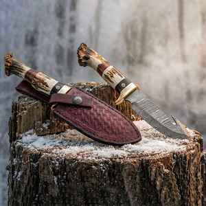 Cuchillos de Caza Hechos a Mano al por Mayor de Acero de Damasco con Hoja Fija y Mango de Cuerno para Supervivencia al Aire Libre y Camping con Funda - ¡Venta Caliente! - Product Image 1