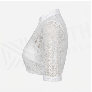 North Approach <b>White</b> <b>Lace</b> Crop Top Stand Collar Three Quarter Sleeve Button Front Geometric Pattern Breathable Women's Fashion - Product Image 4