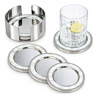 Luxury Mother of Pearl Inlay Metal Drink Coasters with Holder Stainless Steel <b>Mirrored</b> Cup Mats with <b>Crystal</b> Beaded Edge - Product Image 1