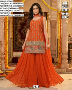 Kurta/Kurti Tradicional Naranja Bandhani para Mujer, Largo hasta el Suelo, Bordado, Crepé Georgette, Secado Rápido, para Todas las Temporadas, Corte Regular, para Fiesta - Product Image 1