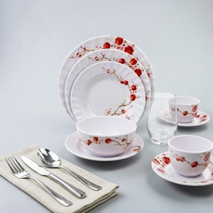 Melamine Dinnerware Set with Red Plum Blossom Design Round Plates Bowls <b>Cups</b> <b>Saucers</b> Modern Pigmented Non-Toxic Dishwasher Safe - Product Image 1