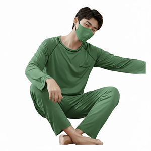 Ensemble de pyjama gris à manches longues pour homme avec poche, en coton doux, vêtements de nuit décontractés, taille élastique, pour le printemps, lavable en machine - Product Image 2