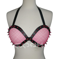 Soutien-gorge halter en résille à pointes pour femme, rose et noir, en similicuir, style punk, type harnais
