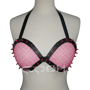 Soutien-gorge halter en résille à pointes pour femme, rose et noir, en similicuir, style punk, type harnais - Product Image 2