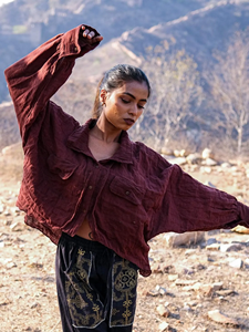 Handcrafted <b>Maroon</b> Textured Cotton Utility Shirt Jacket for Women Earthy Organic Autumn Outerwear Boho Style Cotton Cardigan <b>Top</b> - Product Image 6