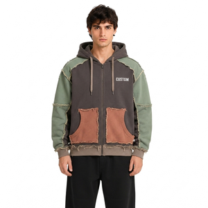 Sweat-shirt à capuche zippé pour homme, personnalisé, effet vieilli, multicolore, avec ourlets bruts, coupe oversize, épais, style streetwear effiloché, fournisseur ODM - Product Image 2