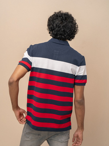 Camiseta de Punto a Rayas para Hombre, Manga Corta, Corte Regular, Diseño Casual con Bloques de Color Azul Marino, Rojo y Blanco - Product Image 4