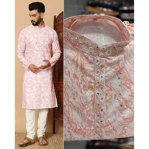 DISEÑADOR DE LINO ALGODÓN ESTAMPADO CON BORDADO SECUENCIA TRABAJO HOMBRE KURTA PIJAMA BEBÉ ROSA - Product Image 1