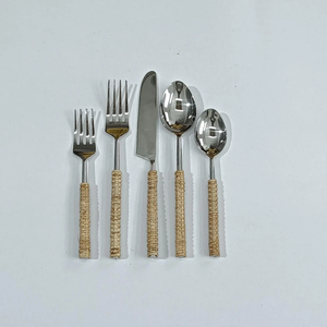 Pink Bamboo Handle Flatware <b>Set</b> with Gold Tone Metal <b>Cutlery</b> Dishwasher Safe Vintage Design Party Use - Product Image 5