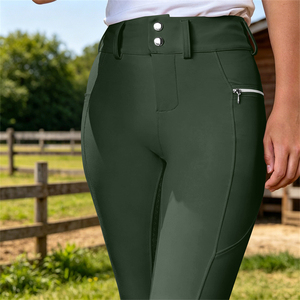 Pantalon d'équitation taille haute pour femme, couleur unie verte, fermeture boutonnée, coupe ajustée - Product Image 1
