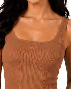 Top corto acanalado marrón para mujer, sin mangas, cuello cuadrado, ajuste ceñido, de punto de algodón elástico, estilo casual de verano, chaleco personalizado para mujer - Product Image 5