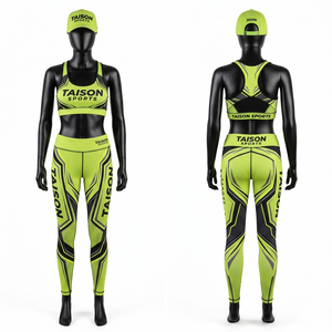 Premium 280 GSM Nylon Spandex <b>Women</b> Legging And Sports Bra Set Green Grey Orange Panel Design Custom Sublimation Logo - Product Image 5