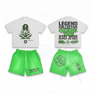 Ensemble t-shirt et short en coton polyester lourd 320 GSM, blanc et vert, impression graphique personnalisée, pour homme - Product Image 1