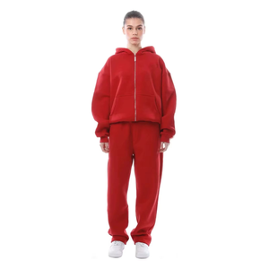 Survêtement à capuche rouge pour femmes, manches longues, fermeture éclair, coupe ample décontractée, couleur unie, en coton, pour l'automne - Product Image 5