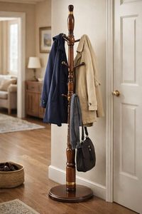 Porte-manteau traditionnel en bois massif avec 8 crochets, meuble de rangement autoportant pour entrée, design antique - Product Image 5