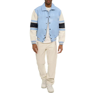 Veste varsity pour homme, couleur bleu clair et crème, en PU, col rabattu, fermeture éclair, style décontracté, pour l'automne - Product Image 6
