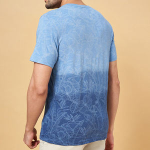 T-shirt à manches courtes pour homme, col rond, coupe classique, motif floral, dégradé bleu, coton tricoté, décontracté, respirant - Product Image 3