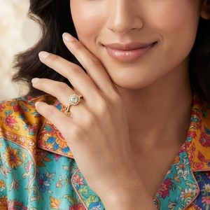 Elegante Anillo de Compromiso con Halo de Diamantes de Corte Redondo y Moissanita Chapado en Oro Amarillo, Joyería Nupcial para Mujer, Diseño Personalizado - Product Image 4