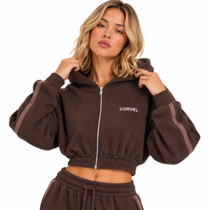 Conjunto Deportivo Personalizado de Fábrica con Bordado, Franja Lateral Marrón, Sudadera Corta con Cremallera para Mujer, Pantalones Deportivos Anchos, Ropa de Invierno de Felpa - Product Image 2