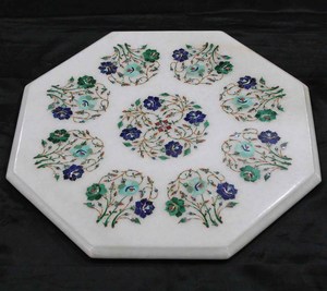 White Marble Inlay (Makrana) Semi-Precious Stone & Lapis Lazuli <b>Table</b> with Malachite Traditional Design Durable - Product Image 5