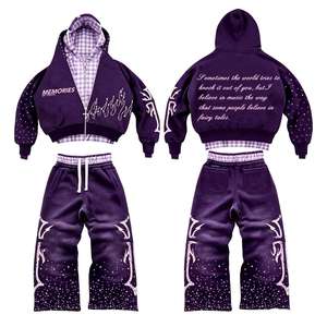 Six Trend Sports Men's Winter Streetwear OEM Custom Acid Wash Rhinestone Jogger Sweatsuit Cropped Distressed Embroidery <b>Set</b> - Product Image 3