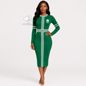 Robe midi moulante verte à manches longues pour femme Iota Phi Lambda avec accents rayés blancs, col rond, grande taille, coupe ajustée, robe décontractée - Product Image 6