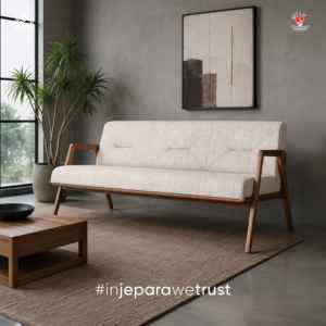 Modern Mid Century 3 Seater <b>Sofa</b> Solid <b>Wood</b> <b>Frame</b> Beige Fabric Upholstered Couch for Hotel Villa Living Room Furniture - Product Image 1