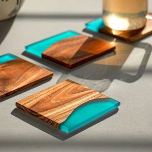 Rustic Handmade Walnut Epoxy Resin Drink Coasters Walnut Wood and Epoxy Resin Coaster <b>Set</b> for Home Décor - Product Image 3