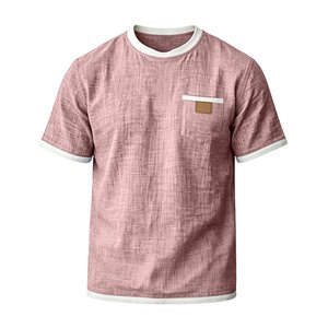 Camiseta de Hombre de Lino y Algodón de Color Sólido, Manga Corta, Ligera, Transpirable, Cuello Redondo, con Bolsillo en el Pecho y Ribete en Contraste, Corte Casual - Product Image 5