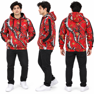Sudadera con Capucha Estampada Camuflaje Rojo de Moda, Estilo Urbano Gráfico, Manga en Contraste, Top Casual con Capucha, Venta al por Mayor OEM Personalizado EE. UU. - Product Image 4