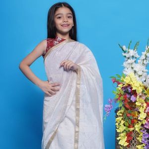 Sari de algodón para niñas, listo para usar, con blusa elegante de seda Dola, completamente cosido, precio al por mayor de Royal Export - Product Image 1
