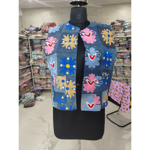 Denim Embroidered Vest Women's Sleeveless <b>Patchwork</b> <b>Jacket</b> Handmade Floral Design Spring Boho Style Outerwear gift for her - Product Image 1