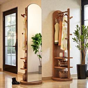 Teak Wood Floor Standing Mirror Coat Rack with <b>Shelves</b> and Hangers for Clothing Storage in Living Room or Entryway - Product Image 1