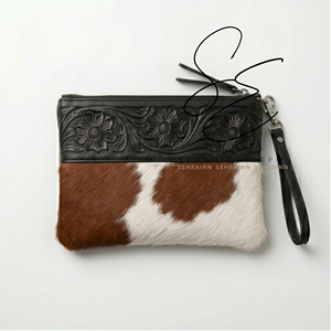 SEHRAINN Cowhide <b>Wristlet</b> Clutch Floral Embossed Leather Zipper Pouch Women's Vintage Handmade Bag All Seasons Daily Use - Product Image 1
