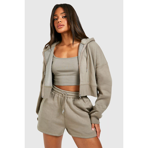 Ensemble de survêtement à capuche pour femmes, couleur unie, manches longues, short décontracté, vêtements de printemps avec poches latérales, fermeture à cordon - Product Image 3