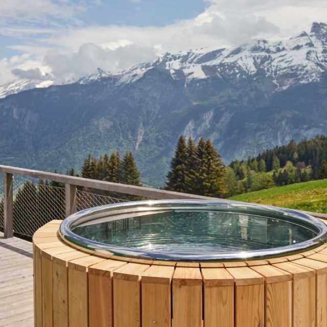 Luxury 180 Round Spa Tubs 304 Stainless Steel Red Cedar Wood Cover With Wooden Lid & LED Lamp for Hotels Resorts Outdoor Villas