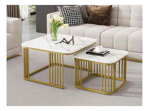 Mesa de Centro Moderna de Lujo en Madera Contrachapada con Superficie de Aspecto Mármol y Base de Listones Metálicos Dorados, Mesa de Salón Contemporánea - Product Image 1