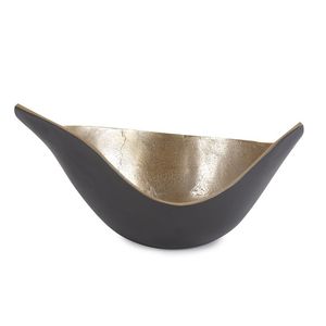 Bol en métal artisanal moderne, forme ovale, extérieur noir, intérieur doré, plat de service décoratif, bol à fruits, décoration d'intérieur - Product Image 1